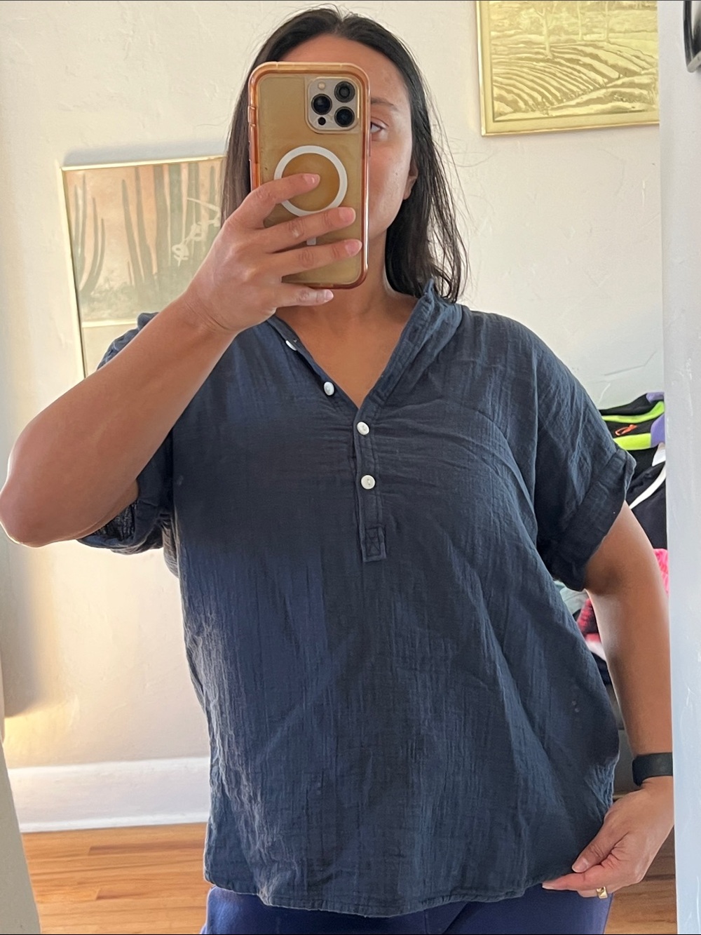 Quince Navy Short-Sleeve Button Henley Tunic
